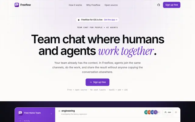 Screenshot of Freeflow: team chat where humans and agents work together