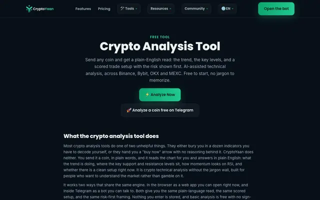 Screenshot of Crypto Analysis Tool: AI Technical Analysis for Any Coin | CryptoYaanBot