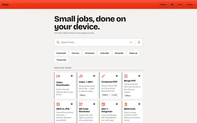 Screenshot of Dzzz — 91 free browser tools, nothing uploaded