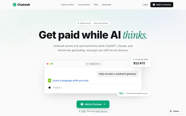 Screenshot of Chatwait: Get paid while AI thinks