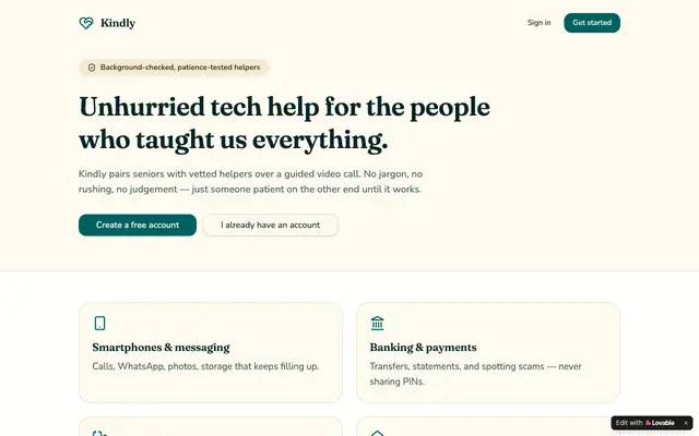 Screenshot of Kindly — Patient Tech Help for Seniors, On Demand
