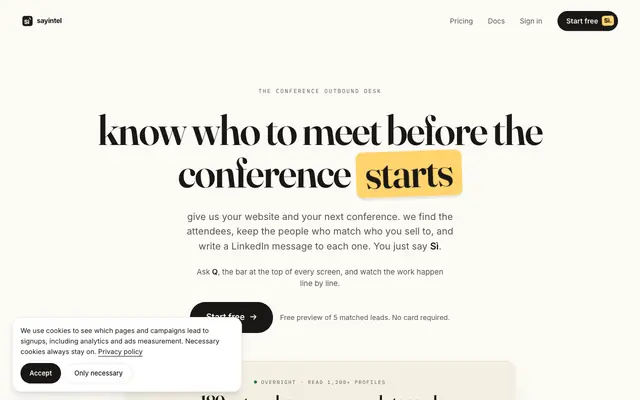 Screenshot of sayintel: turn any event into replies