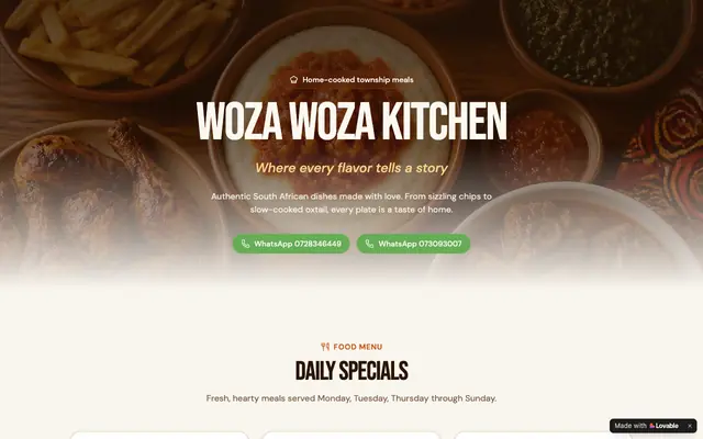 Screenshot of Woza Woza Kitchen — Every Flavor Tells a Story