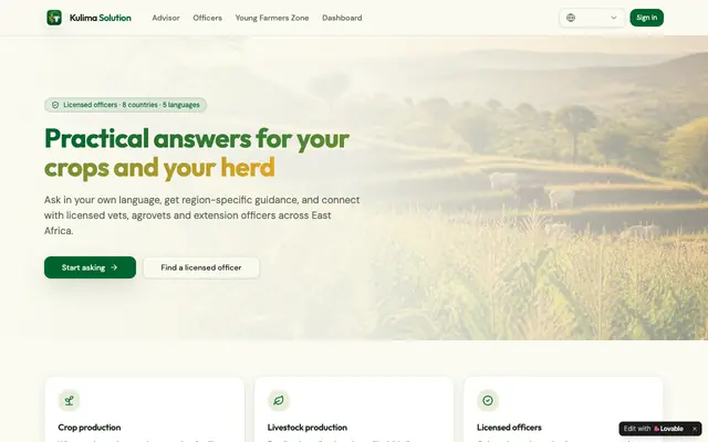 Screenshot of Kulima Solution — Crop & livestock advisor for East Africa