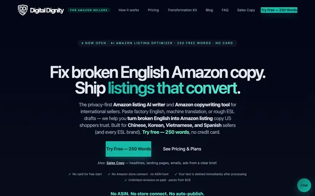 Screenshot of AI Amazon Listing Optimizer | Fix Broken English Amazon Copy — Digital Dignity