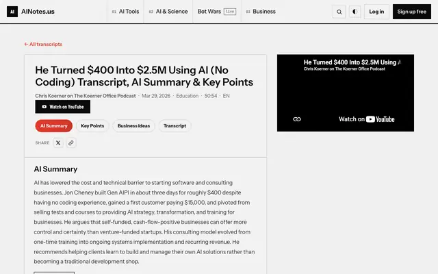 Screenshot of He Turned $400 Into $2.5M Using AI (No Coding) Transcript, AI Summary & Key Poin