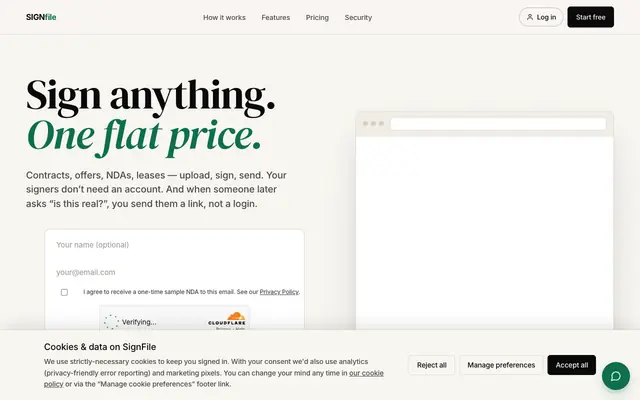 Screenshot of SignFile — Sign anything. One flat price.