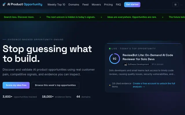 Screenshot of AI Product Opportunity — evidence-backed product opportunities
