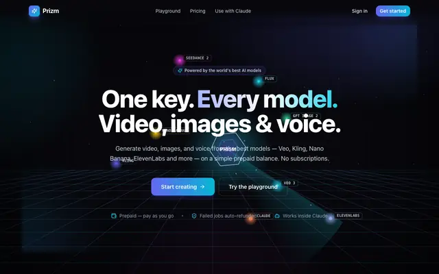 Screenshot of Prizm — One API key. Every top AI model.