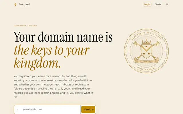 Screenshot of dmarc.quest — watch over your email domain