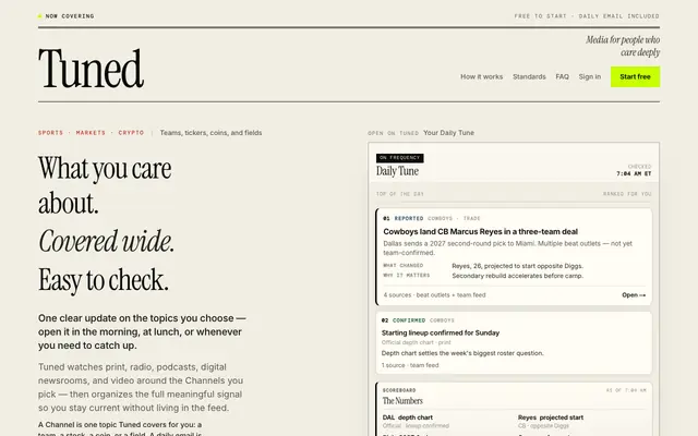 Screenshot of Tuned — What you care about. Covered wide. Easy to check.