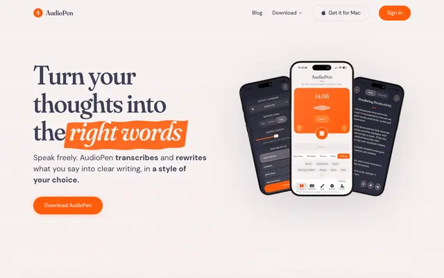 Screenshot of AudioPen | Voice to Polished Text. In any style.
