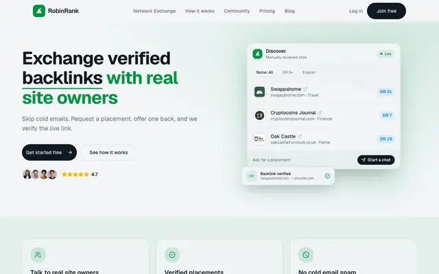 Screenshot of RobinRank - Publish SEO Content. Earn Verified Backlinks