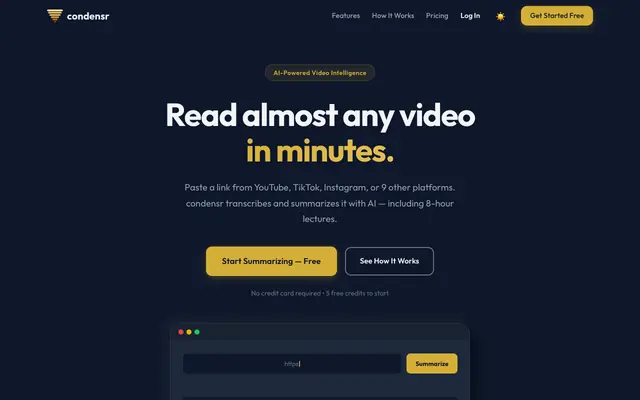 Screenshot of condensr — Free AI Video Summarizer | YouTube, TikTok & More