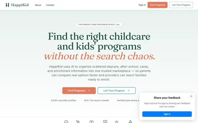 Screenshot of Trusted Childcare and Kids' Programs Marketplace | HappiKid