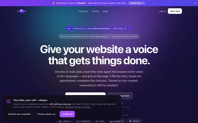 Screenshot of AnveVoice — Voice Infrastructure for Web Applications
