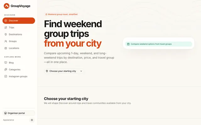 Screenshot of Weekend Group Trips from Your City | 1–2 Day Getaways, Treks & Experiences | Gro