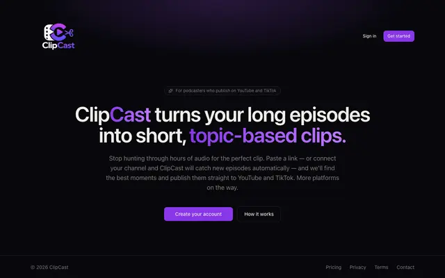 Screenshot of ClipCast — AI Podcast Clips for Social Media