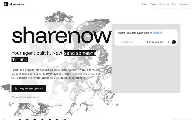 Screenshot of sharenow · your agent built it, now send the link