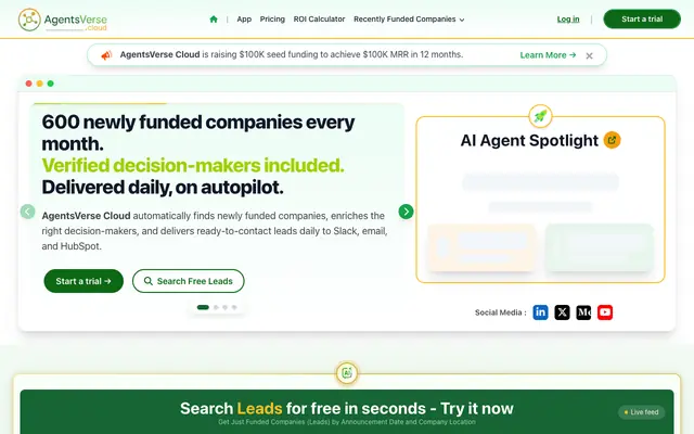 Screenshot of Leads Engine: Real-Time Funding Signals & Verified Contacts | AgentsVerse Cloud