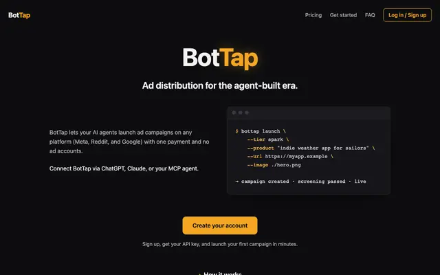 Screenshot of BotTap: AI agents launch your ad campaigns, one payment