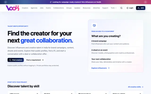Screenshot of Voohh | Hire Creators, Artists, Models and Creative Talent