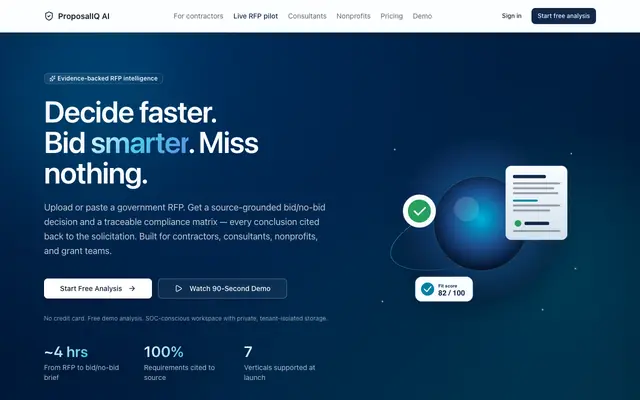 Screenshot of ProposalIQ AI — Decide faster. Bid smarter. Miss nothing.