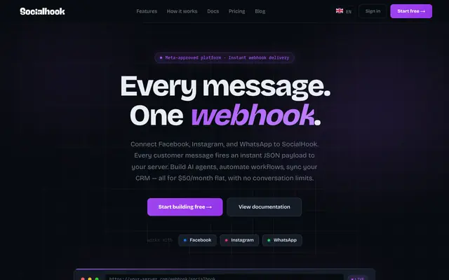 Screenshot of SocialHook — Facebook, Instagram & WhatsApp Webhooks