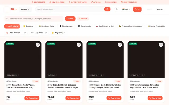 Screenshot of Browse Digital Products — Notion Templates, AI Tools & More | Pikrr | Pikrr