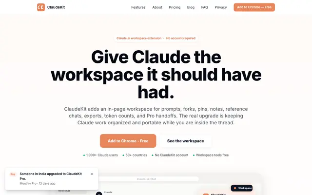 Screenshot of ClaudeKit - Claude Usage Tracker & Workflow Chrome Extension