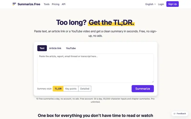 Screenshot of Free AI Summarizer — TL;DR for Text, Articles & YouTube