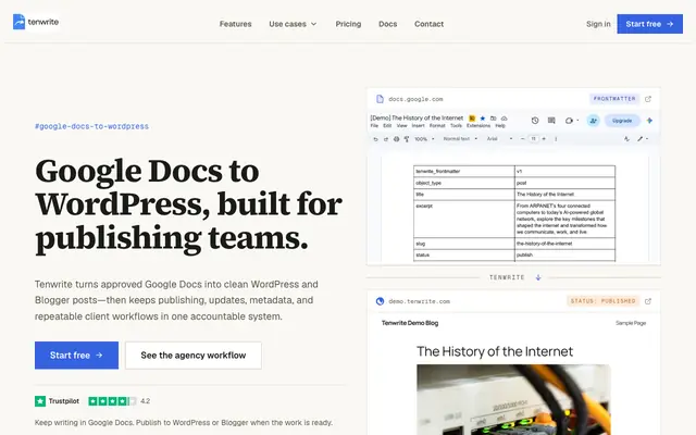 Screenshot of Tenwrite - Publish Google Docs to WordPress and Blogger