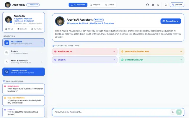 Screenshot of Arun Yadav • AI Systems Architect & Digital Twin