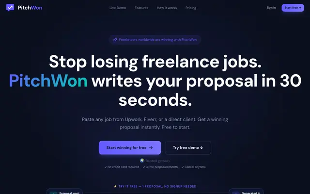 Screenshot of PitchWon — Built to win. Every single time.