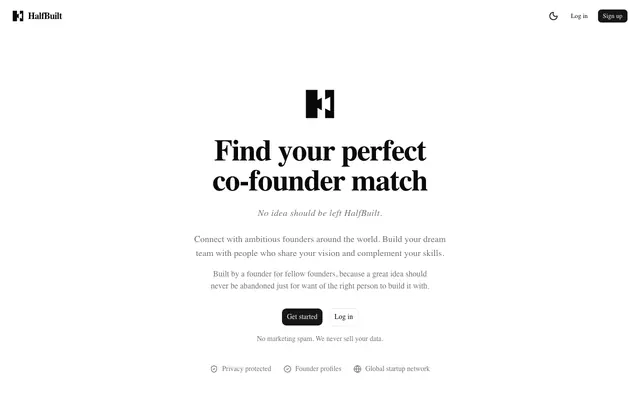Screenshot of HalfBuilt · No idea should be left HalfBuilt.