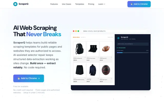 Screenshot of ScraperQ — AI Web Scraper with Auto-Healing Selectors