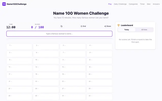 Screenshot of Name 100 Women Challenge - Free 12-Minute Game