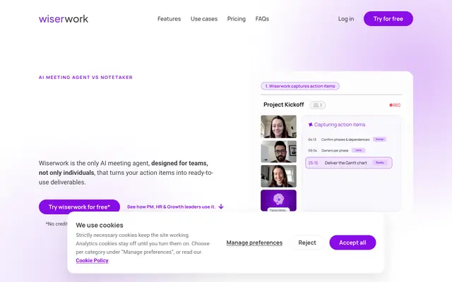 Screenshot of Wiserwork — Your team deserves more than just meeting notes