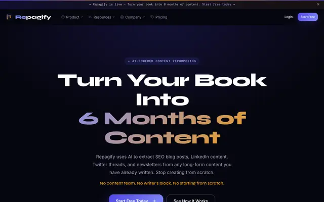 Screenshot of Repagify — Turn your book into 6 months of content