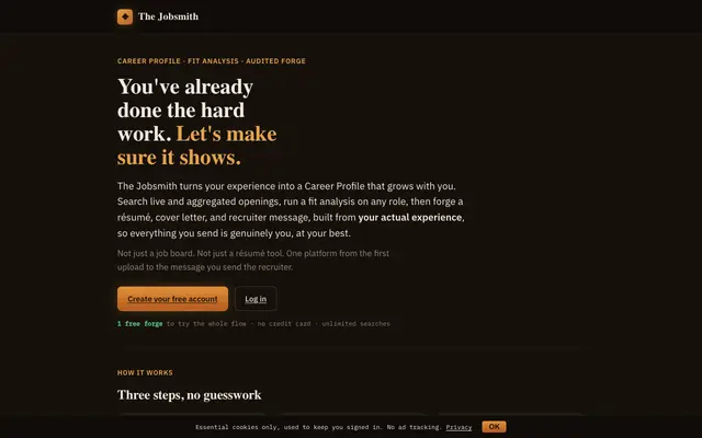 Screenshot of The Jobsmith — tailored, audited resumes from your real experience