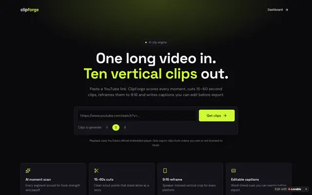 Screenshot of ClipForge — AI clips from any YouTube video