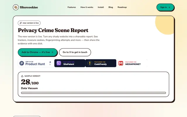 Screenshot of FilterCookiee — Know what a website is really doing
