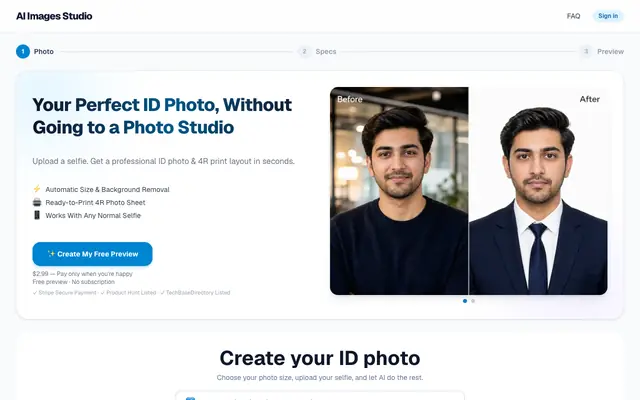 Screenshot of AI Images Studio — Professional Passport & Visa Photos in Seconds