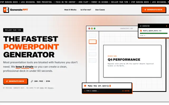Screenshot of GeneratePPT: AI Deck Generator | Clean Slides in Under 60s