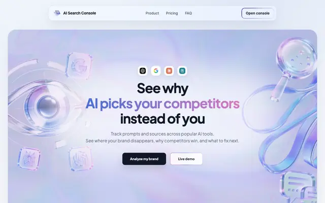 Screenshot of AI Search Console — AI Visibility Tracking for ChatGPT, Perplexity & Gemini