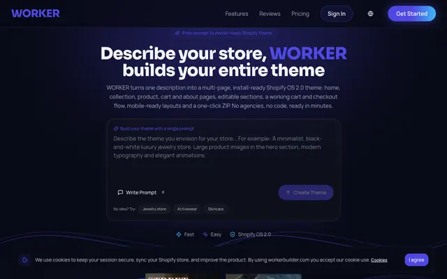 Screenshot of WORKER — AI Shopify Theme Generator | Prompt ile Tema Oluştur