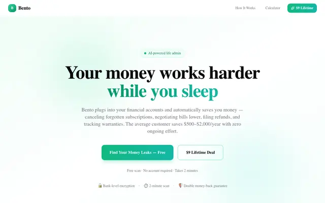 Screenshot of Bento — AI Financial Assistant | Save $500-2,000/Year Automatically | Bento