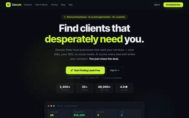 Screenshot of Zenvylo — AI Lead Scanner for Freelancers & Agencies