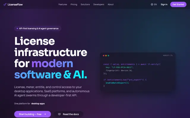 Screenshot of LicenseFlow - Ship Software Licensing in Hours