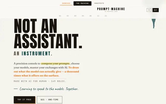 Screenshot of PROMPTMACHINE · A Prompt Engineering Instrument, Not an Assistant